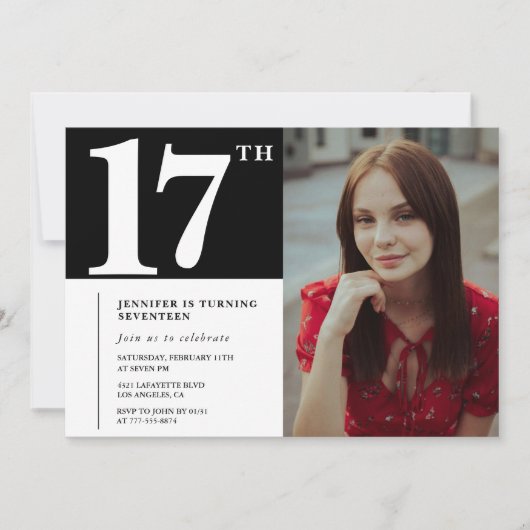 ブラック17歳の誕生日招待状モダンシック写真 招待状 (正面)