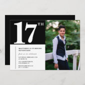 ブラック17歳の誕生日招待状モダンシック写真 招待状 (正面/裏面)