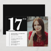 ブラック17歳の誕生日招待状 モダン シック フォト 招待状 (正面/裏面)