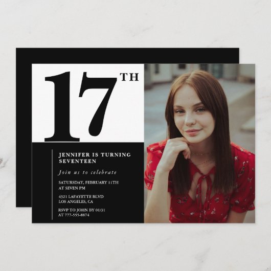 ブラック17th誕生日招待状シエレガントック 招待状 (正面/裏面)