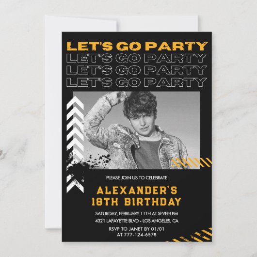 ブラック18歳の誕生日招待状メンズフォトスプレー 招待状 (正面)