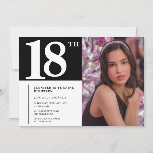 ブラック18歳の誕生日招待状 おしゃれ女子 写真 招待状 (正面)