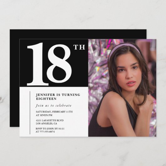 ブラック18th誕生日招待状ガールシック写真 招待状 (正面/裏面)