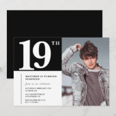 ブラック19歳の誕生日招待状 モダン シック フォト 招待状 (正面/裏面)