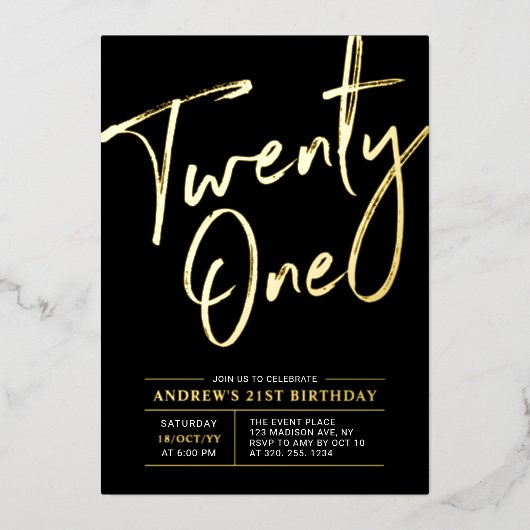 ブラック21歳の誕生日パーティー Twenty One Lettering 箔招待状 (正面)