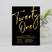 ブラック21歳の誕生日パーティー Twenty One Lettering 箔招待状 (立ち正面)