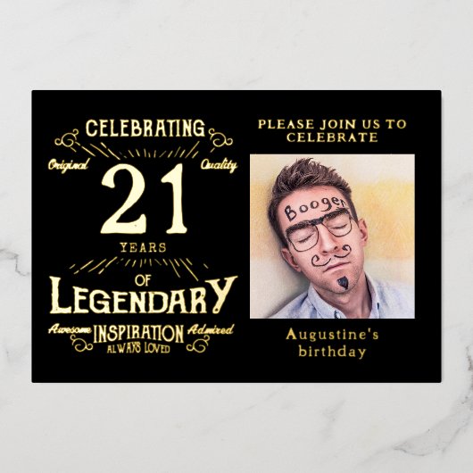ブラック21歳の誕生日ヴィンテージ金ゴールド 箔招待状 (正面)