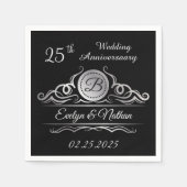 ブラック25周年記念の銀結婚渦巻き スタンダードカクテルナプキン (正面)