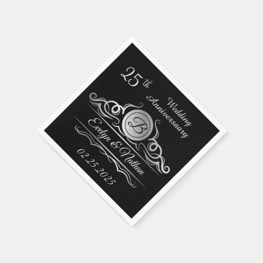 ブラック25周年記念の銀結婚渦巻き スタンダードカクテルナプキン (角)