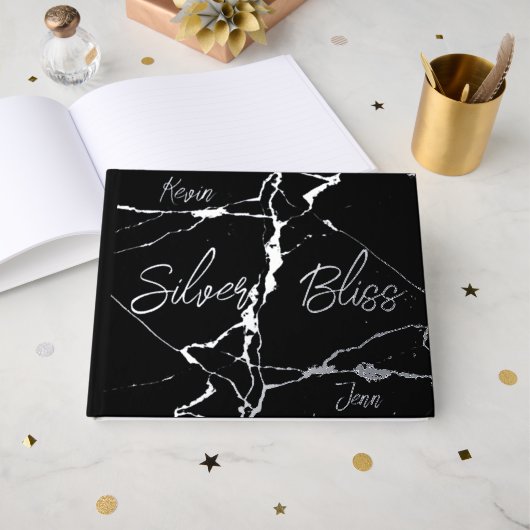 ブラック25周年記念シルバー結婚フォイル | ゲストブック (正面見開き)