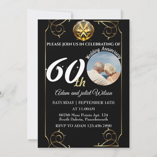 ブラック25th 40th 10th 75th 60結婚th anniversary 招待状 (正面)