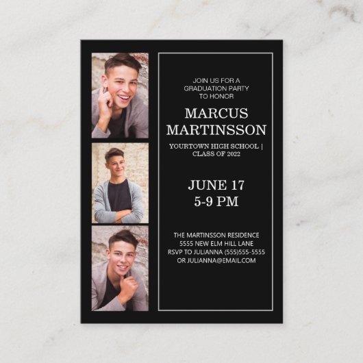 ブラック3フォトモダン卒業式パーティー エンクロージャーカード (正面)