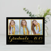 ブラック3枚フォトコラージュ卒業金ゴールド 箔招待状 (立ち正面)