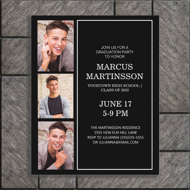 ブラック3枚写真モダン卒業パーティー予算 (Black 3-photo graduation party invitation for him)