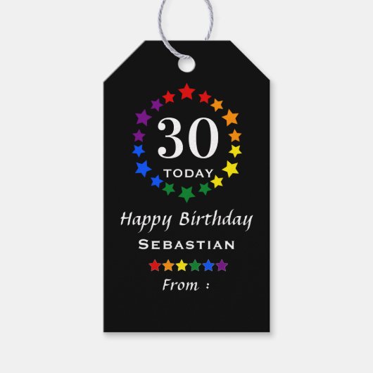ブラック30今日または任意の年齢のプライドレインボースターズ ギフトタグ (正面)