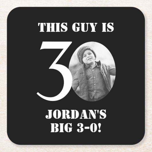 ブラック30thバースデーコースター男性へ スクエアペーパーコースター (正面)