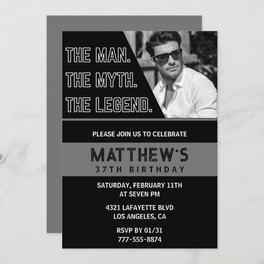 ブラック37歳の誕生日招待状ザマンザレジェンド 招待状 (正面/裏面)