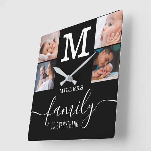 ブラック4フォトコラージファミリー名引用文モノグラム スクエア壁時計 (傾斜)