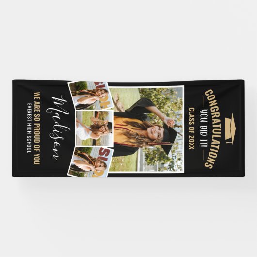 ブラック4モダンフスタイリッシュォトコラージュの卒業式 横断幕 (横)
