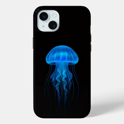 ブラック4ラグジュアリーiPhone 15 Plus、ネオンブルークラゲ Case-Mate iPhoneケース (裏面)