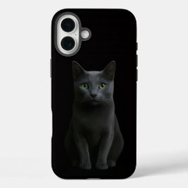 ブラック4ルクアイフォン16プラス ロシアンブルー猫 iPhone 16 PLUSケース