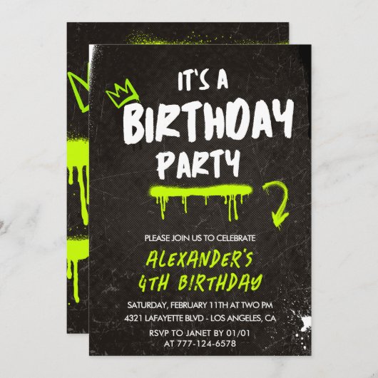 ブラック4歳の誕生日招待状少年グラフィティ絵を描 招待状 (正面/裏面)