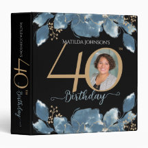 ブラック40th誕生日金ゴールドブルーフローラカスタム写真