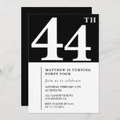 ブラック44th誕生日の招待シエレガントックシンプル 招待状 (正面/裏面)