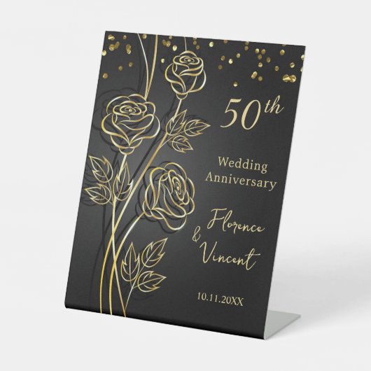 ブラック50周年記念金ゴールド結婚バラ 台座サイン (正面)