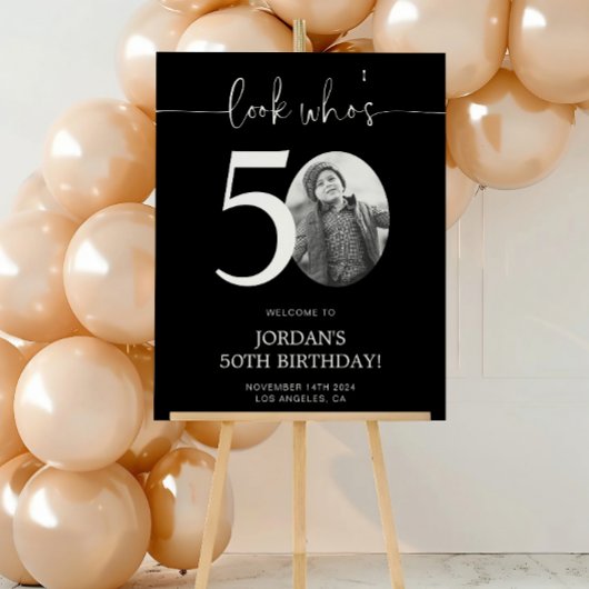 ブラック50歳の誕生日ウェルカムサイン | 誰が50歳に? ポスター