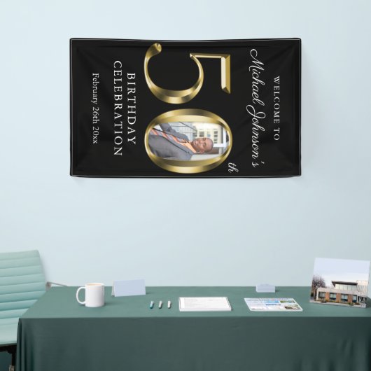 ブラック50誕生日無地の金ゴールドタイポグラフィ写真 横断幕 (トレードショー)