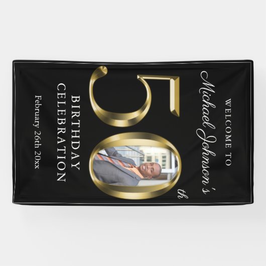 ブラック50誕生日無地の金ゴールドタイポグラフィ写真 横断幕 (横)