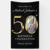 ブラック50誕生日無地の金ゴールドタイポグラフィ写真 横断幕 (縦)