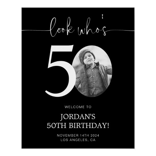 ブラック50th誕生日ウェルカムサイン | 誰が50歳か見て ポスター (正面)