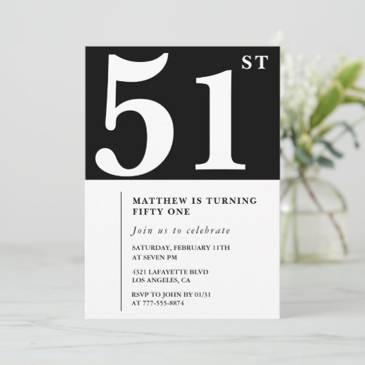 ブラック51th誕生日の招待シエレガントックシンプル 招待状 (スタンド正面)