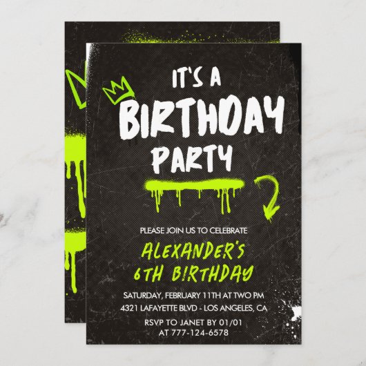 ブラック6歳の誕生日招待状少年グラフィ絵を描ティ 招待状 (正面/裏面)
