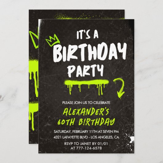 ブラック60歳の誕生日招待状メンズグラフィティ絵を描 招待状 (正面/裏面)
