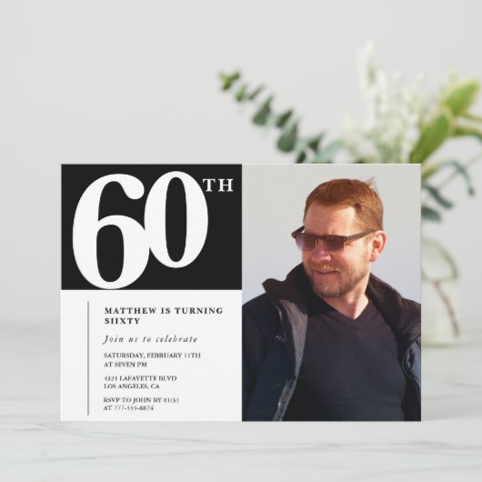 ブラック60歳の誕生日招待状 モダン シック フォト 招待状 (スタンド正面)
