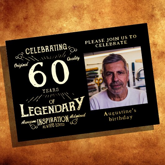 ブラック60番目の誕生日ヴィンテージ金ゴールド 箔招待状