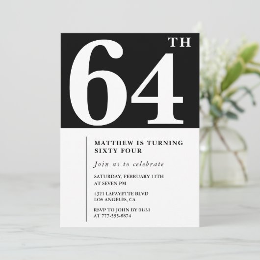 ブラック64th誕生日の招待シエレガントックシンプル 招待状 (スタンド正面)