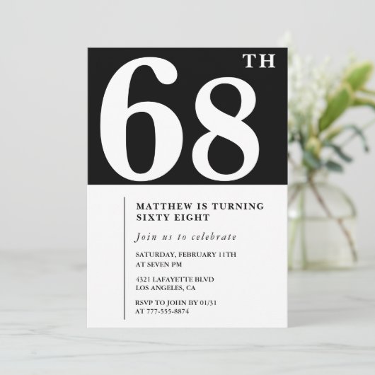ブラック68th誕生日の招待シエレガントックシンプル 招待状 (スタンド正面)