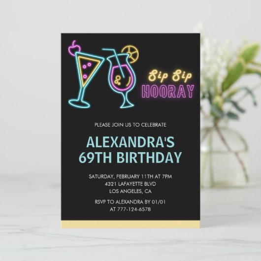ブラック69歳の誕生日招待状カクテルネオングロー 招待状 (スタンド正面)