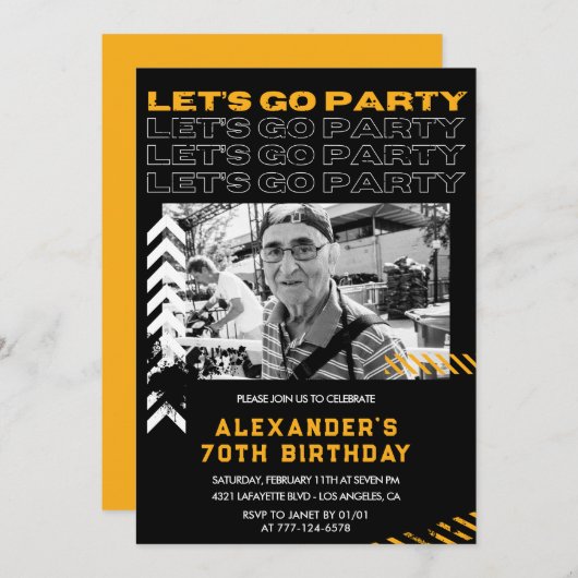 ブラック70歳の誕生日招待状メンズフォトスプレー 招待状 (正面/裏面)