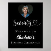 ブラック70th誕生日パーティー写真ハート歓迎 ポスター (正面)
