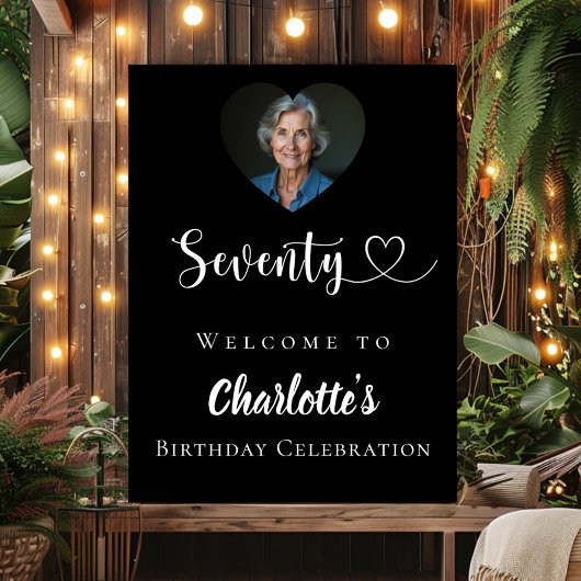 ブラック70th誕生日パーティー写真ハート歓迎 ポスター