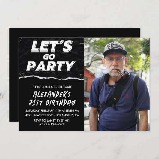 ブラック71歳の誕生日招待状メンズ写真 招待状 (正面/裏面)