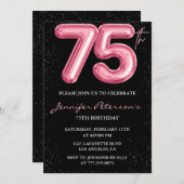 ブラック75歳の誕生日招待状バルーングラムピンク 招待状 (正面/裏面)