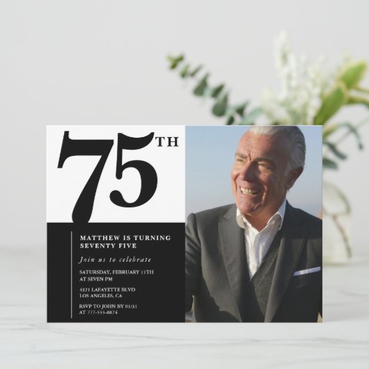 ブラック75歳の誕生日招待状 エレガントでおしゃれ 招待状 (スタンド正面)