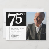ブラック75歳の誕生日招待状 モダン シック フォト 招待状 (正面)