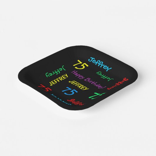 ブラック75th誕生日パーティー、繰り返し名前広場 ペーパープレート (傾斜あり)